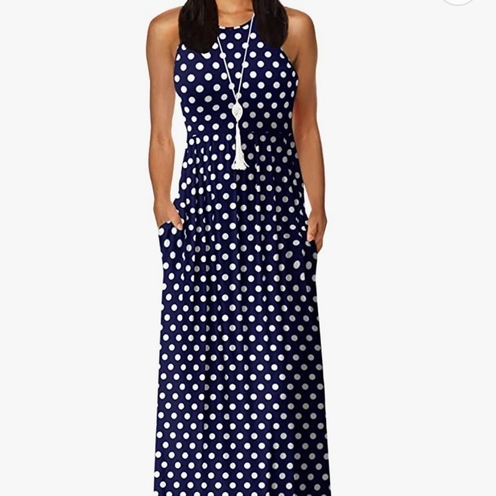 Euovmy Navy Blue Polka Stretch‎ Maxi Dress  Medium Classic preppy coastal